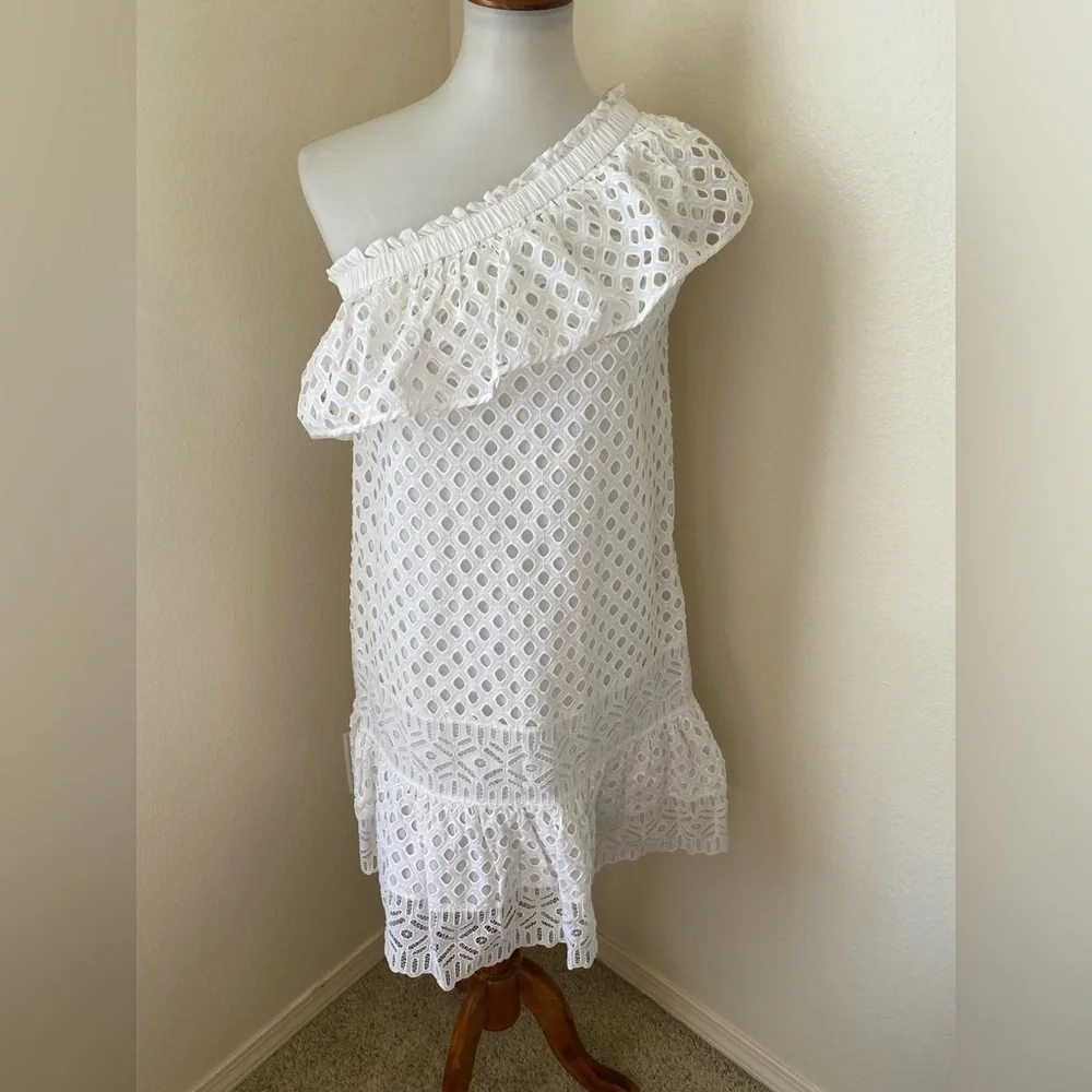 Tory Burch Women’s Zoe Eyelet One Shoulder Dress White Size 4 Tiered Knee length